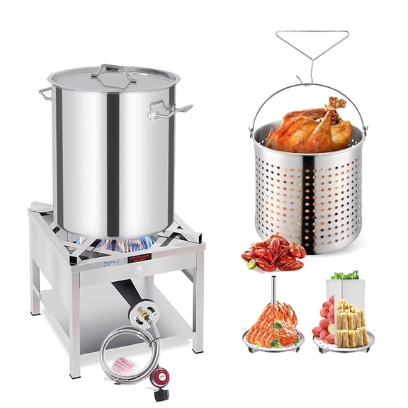 52QT Seafood Boiling Set, 200,000BTU Propane Burner And Stainless Steel Crawfish Boil Pot w/Basket and Steamer Rack, For Outdoors Cooking and Steaming, Large Turkey Fryer Pot, Lobster Shrimp Pot