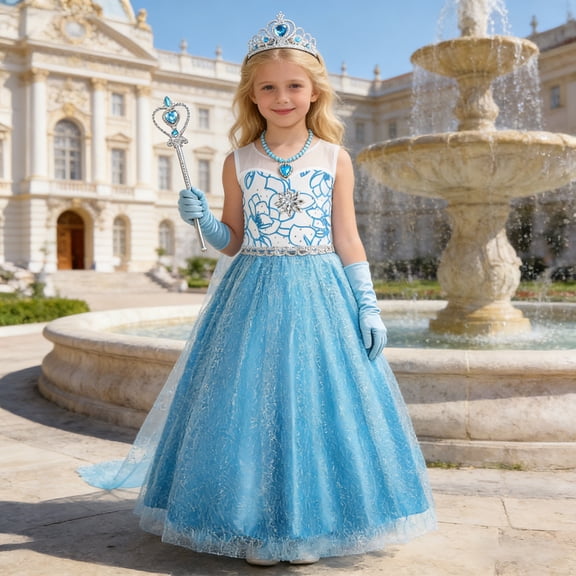 CARETOO Snow Princess Dress for Girls - Blue Ice Princess Tulle Dress with Wand, Tiara, Earrings, Necklace & Gloves 4-12Y 6-Piece Kids Outfits Set
