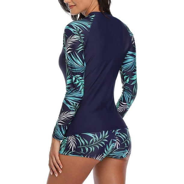 Daci Women Two Piece Rash Guard Long Sleeve Swimsuits UV UPF 50+ Swim Shirt  Bathing Suit with Boyshort Bottom