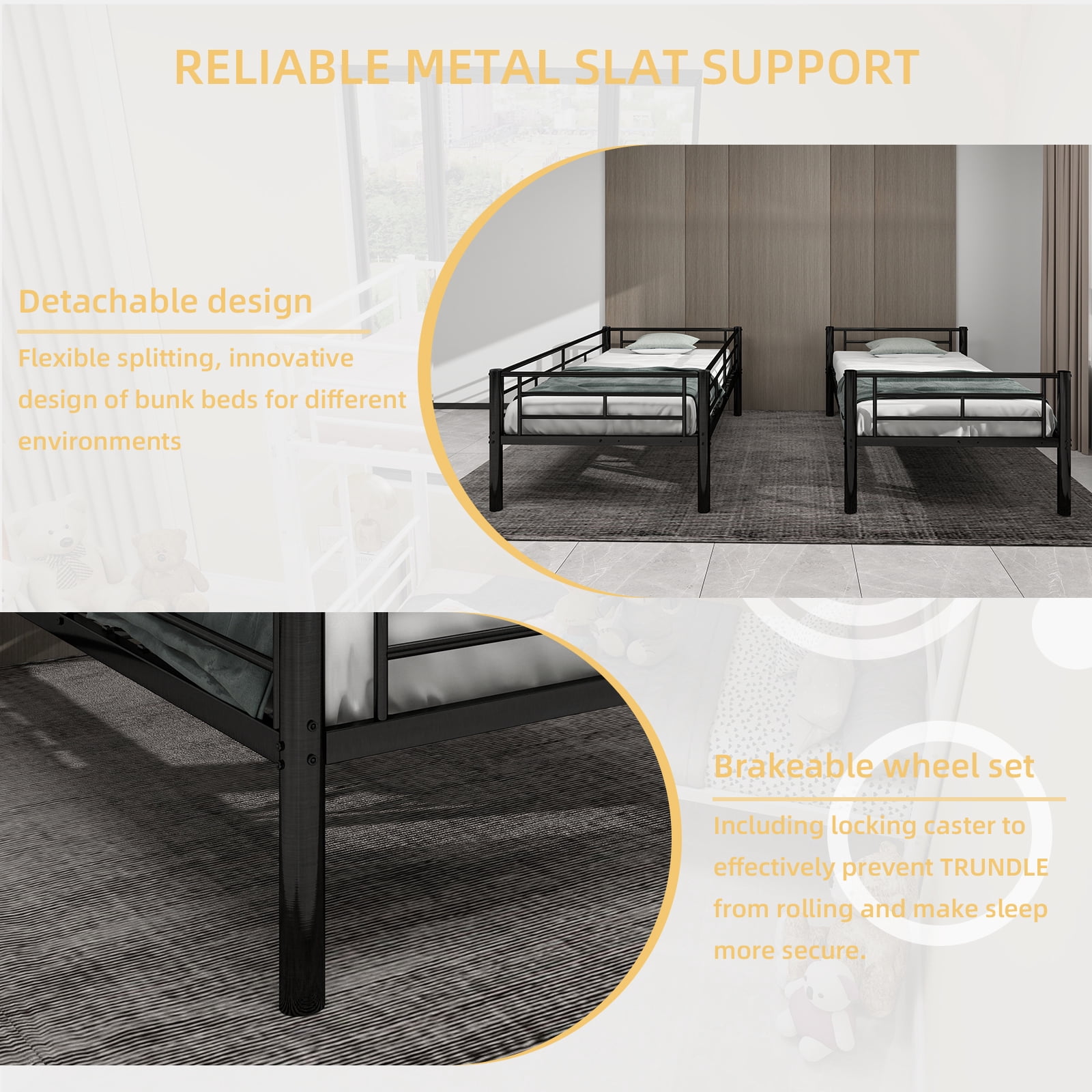 Alvantor Bunk Beds Twin over Twin Metal Convertible 2 Beds Heavy-duty Bed Frame for Kids Teens with Ladders & Guardrail Black