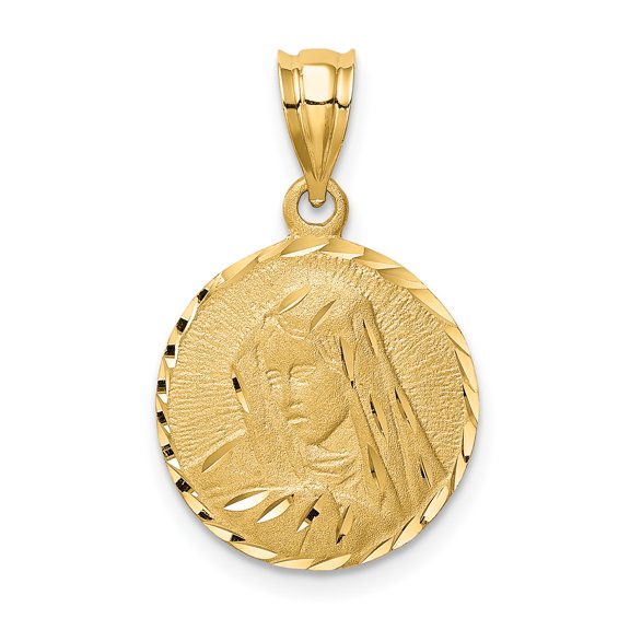 14k Yellow Gold Solid Brushed & Diamond-cut Virgin Mary Charm Pendant