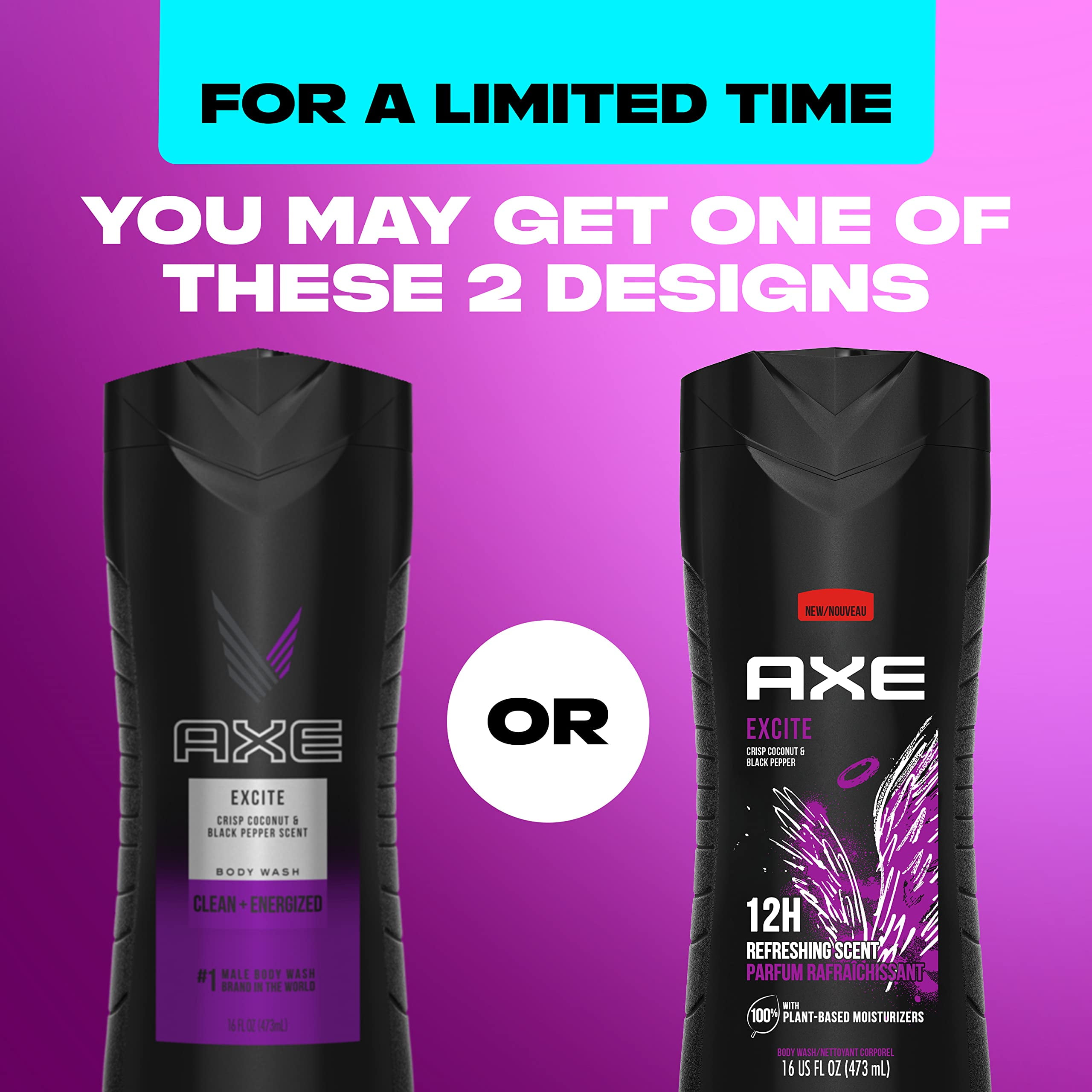 AXE Body Wash 12h Refreshing Scent Excite Crisp Coconut & Black Pepper Men's Body Wash with 100% Plant-Based Moisturizers 16 oz 4 Pack C6