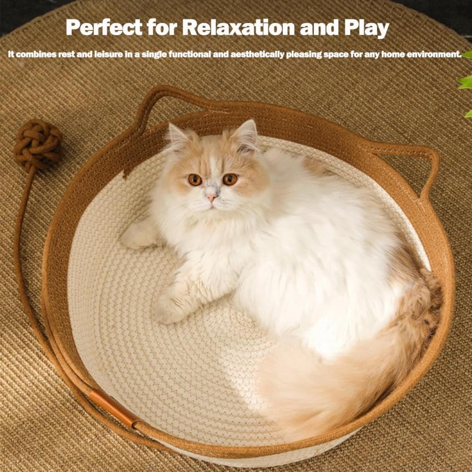 Cutypet Cat Basket,Handwoven Cotton Rope Woven Cat Bed Basket, Toy Tail For Small & Large Cat & Dogdouble Sided Mat For All Seasons