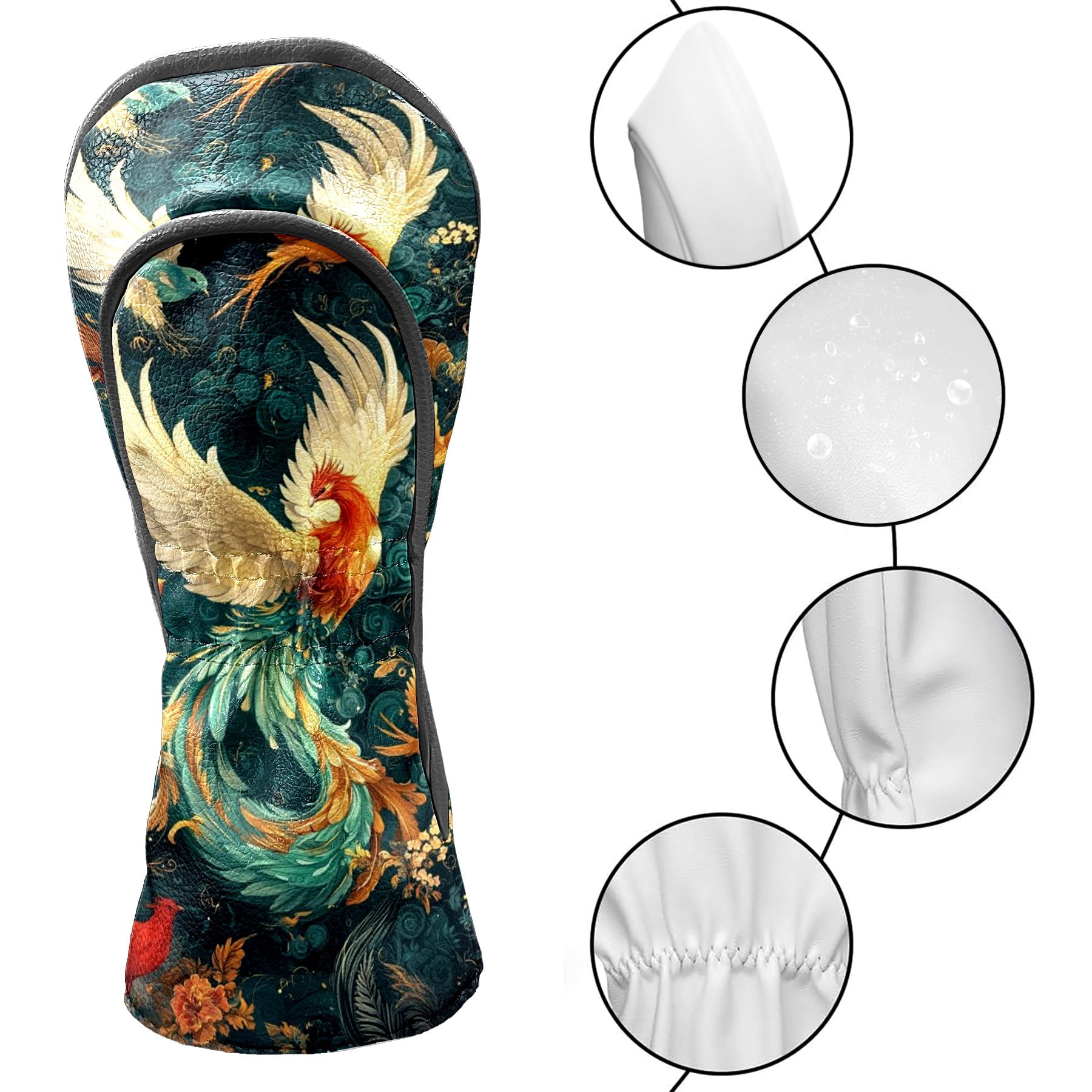 Golf Head Covers Colorful Phoenix Design for Driver, Wood & Hybrid, Premium Waterproof PU Leather with Plush Lining, Mythical Bird Golf Gifts