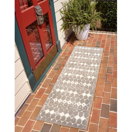 Rugs.com Outdoor Lattice Collection Rug – 8 Ft Runner Gray Flatweave Rug Perfect For Hallways, Entryways