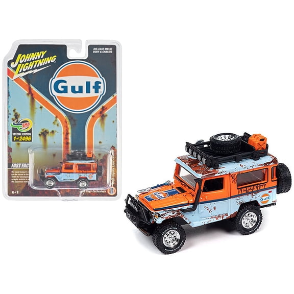 1980 Toyota Land Cruiser Light Blue and Orange (Rusted Version) w/Roof Rack Ltd Ed 1/64 Diecast Model Car by Johnny Lightning