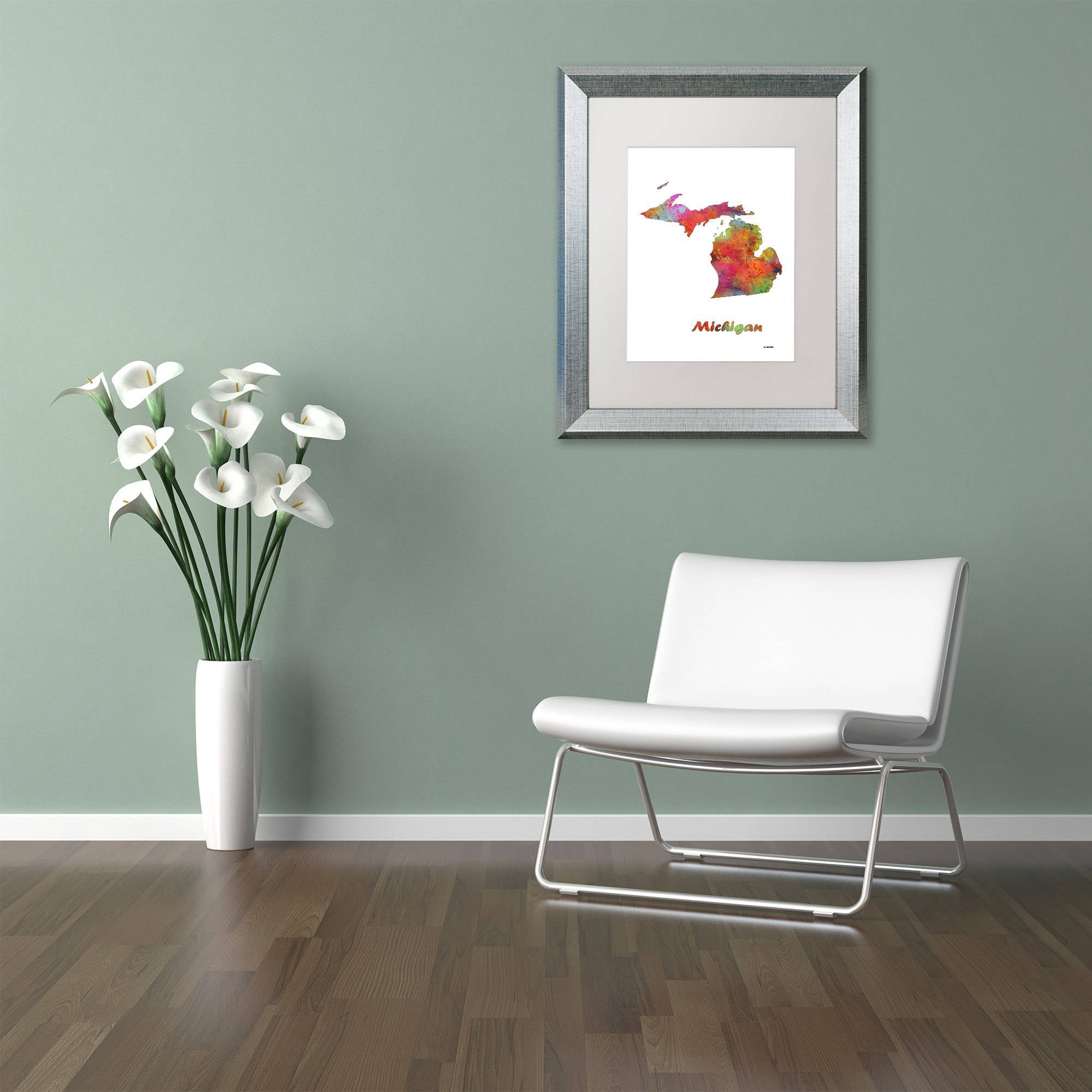 Trademark Fine Art "Michigan State Map-1" Canvas Art by Marlene Watson, White Matte, Silver Frame