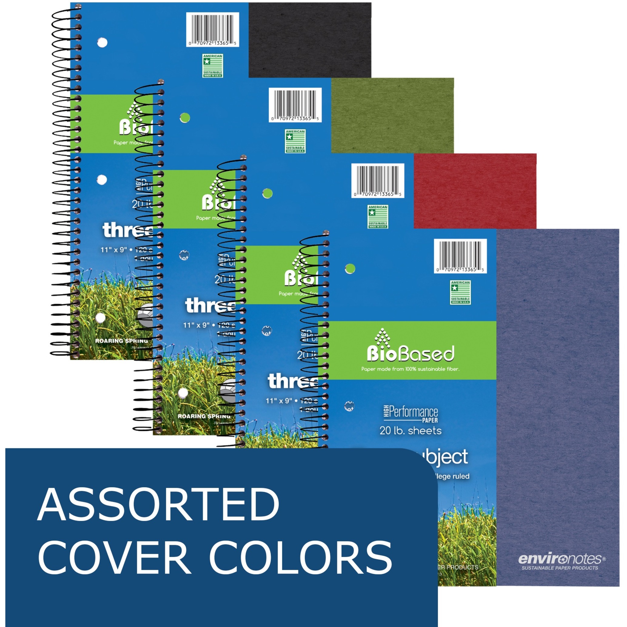 Roaring Spring Environotes College Ruled 3 Subject Recycled Spiral Notebook, 1 Case (24 Total), 11" x 9" 120 Sheets, Assorted Earthtone Covers
