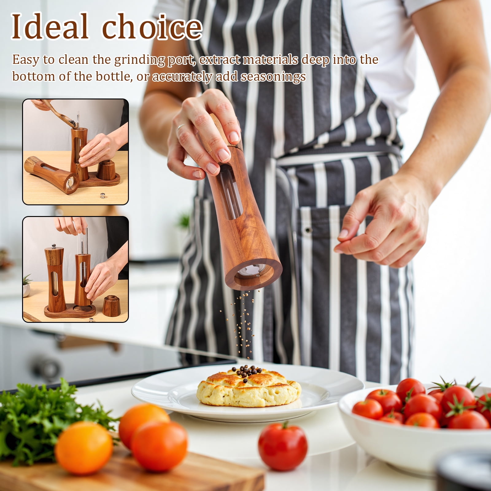 2 Pcs Wood Salt and Pepper Grinder Set Adjustable Coarseness Salt and Pepper Mill with Brush and Spoon for Home Kitchen Dining Room