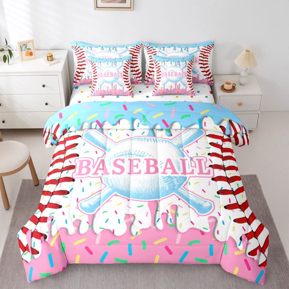 Erosebridal Girls Baseball 7-Piece Twin Bedding Sets,Kids Ball Sport Theme Bedding Comforter Set,Reversible