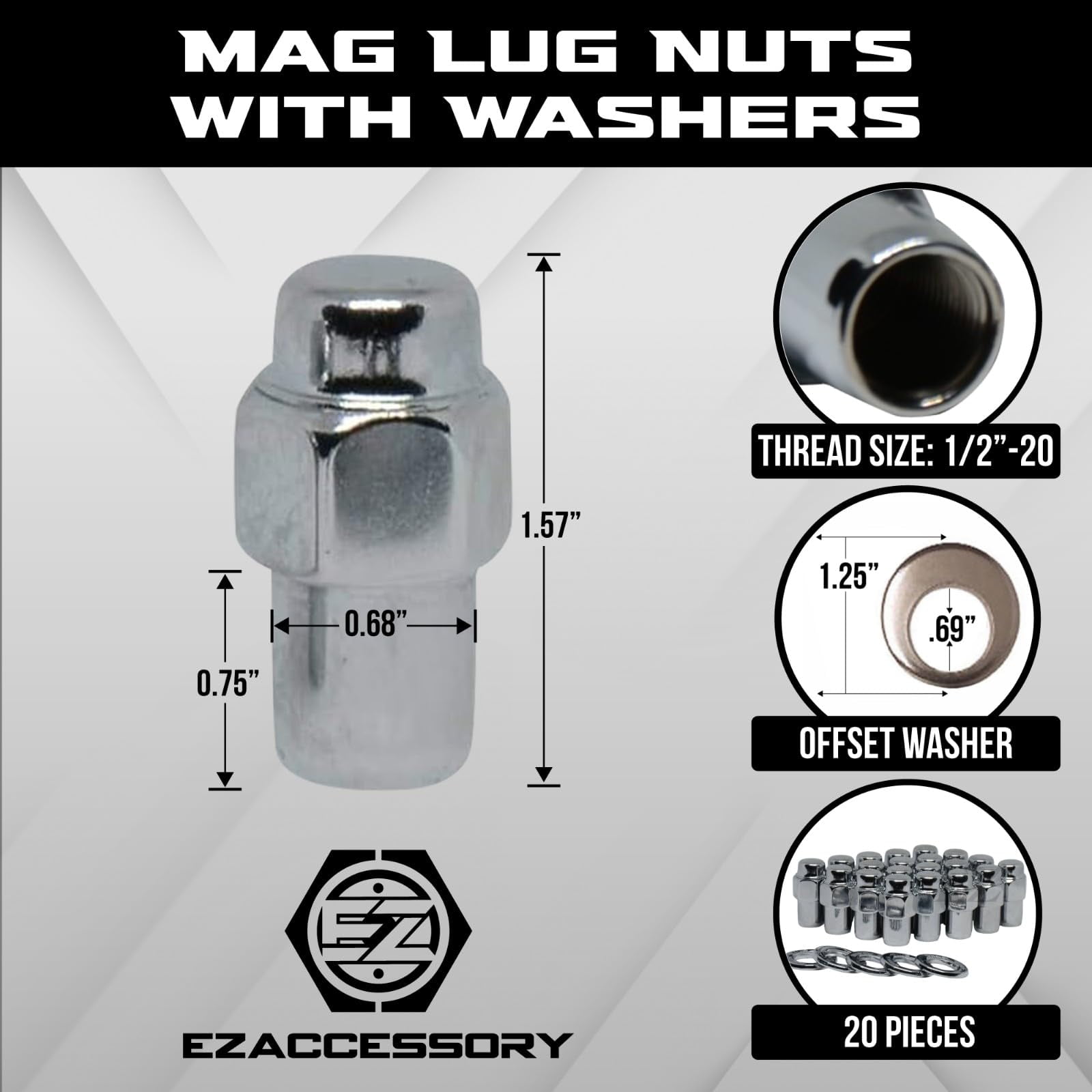 Cragar Standard Mag Lug Nut 1/2"-20 with Offset Washer Set of 20 Pcs