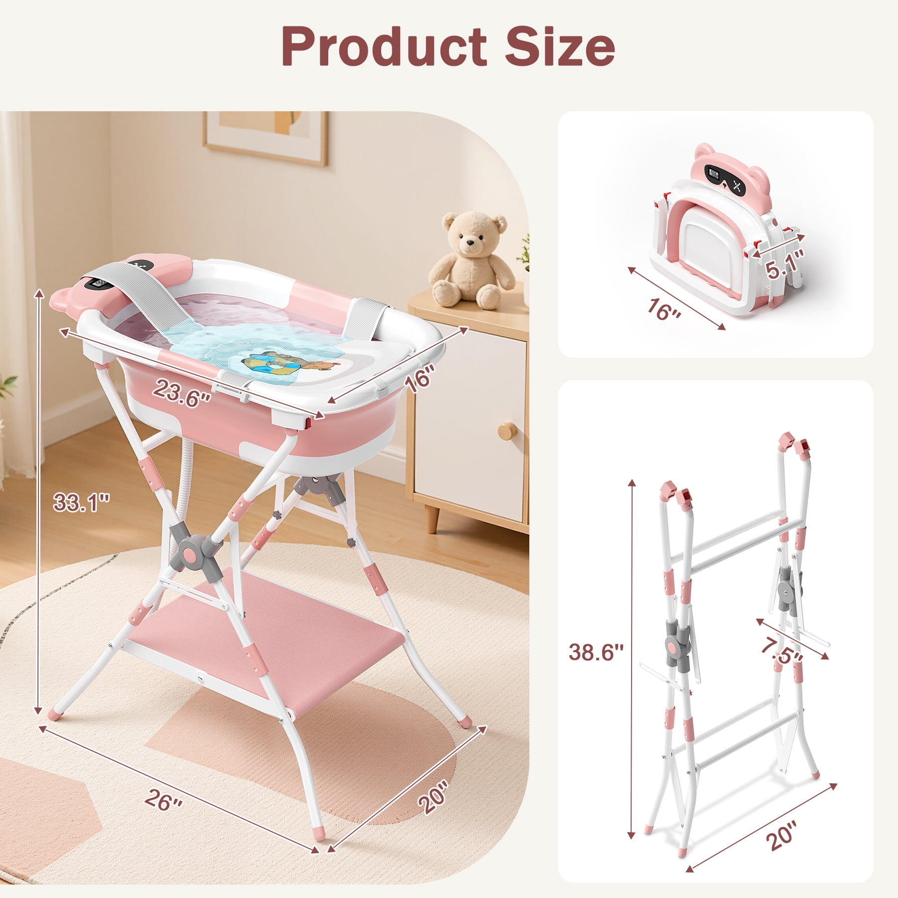 COOSEYA 2-in-1 Baby Bathtub with Stand for Newborn and Infants, Foldable Baby Bath Tub, Baby Shower Gifts for New Parents, Gray