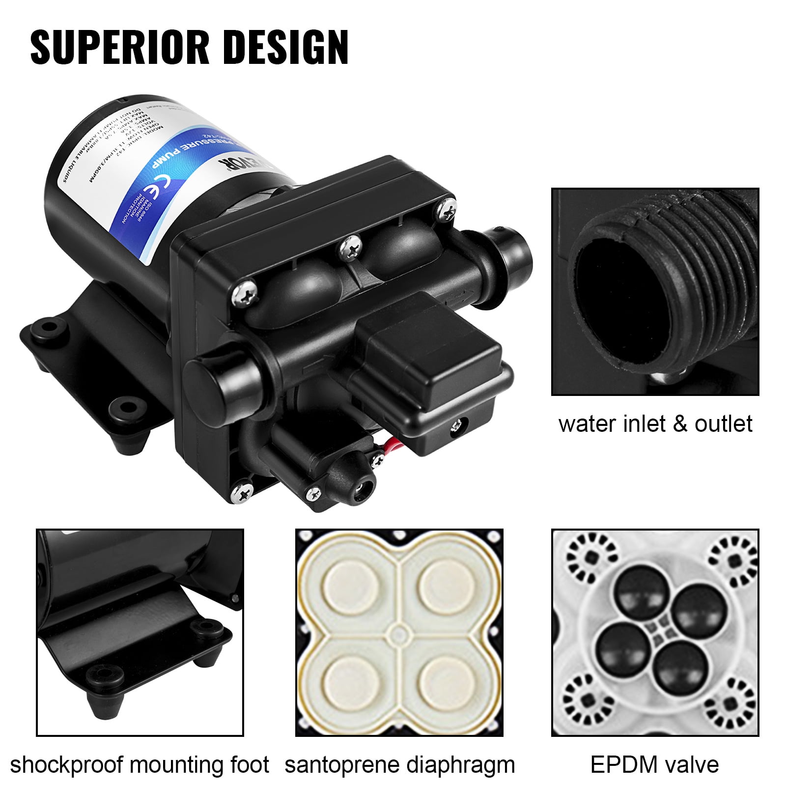 VEVOR Fresh Water Pump, 12 V Self Priming Sprayer Pump, 3 GPM RV Water Pump, with Pressure Switch 55 PSI Self Priming Water Pump, Detachable Strainer 12V Diaphragm Pump for RV Camper Marine Boat Lawn