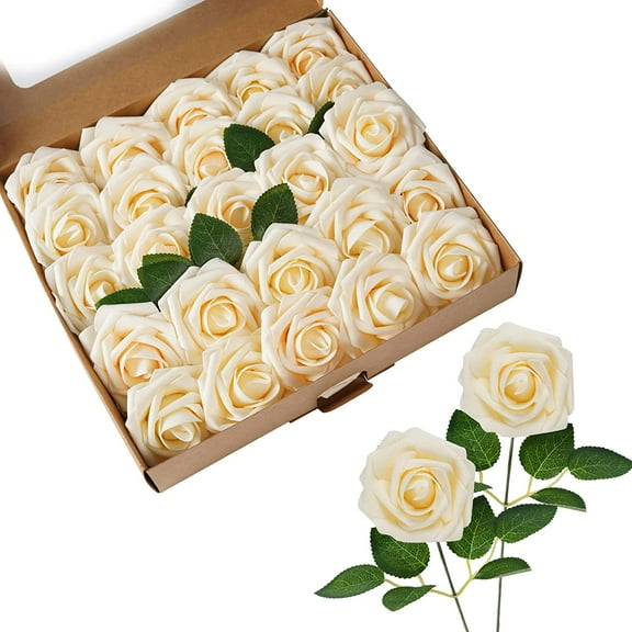 Morttic Artificial Flowers 25pcs Real Touch Fake Rose with Stems Foam Roses Bulk for DIY Wedding Bouquets Centerpieces Arrangements Party Baby Shower Home Decorations, Cream