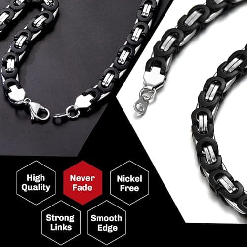 ChainsHouse Men's Flat Byzantine Necklace Stainless Steel Chain 10mm Width Thick Trendy Birthday Christmas Valentines Jewelry Gift, 22"