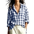 thumbnail image 2 of QINGFSAP Womens Plaid Button Down Shirt Oversized Long Sleeve Collared Blouse Loose Casual Tunic Top, 2 of 9