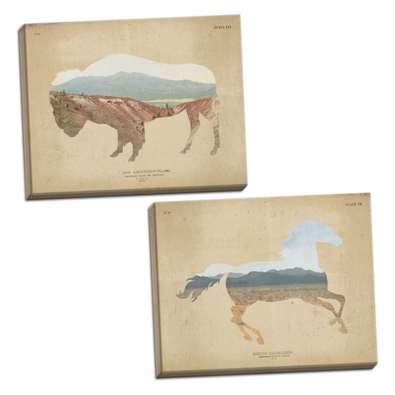 Gango Home Decor Country-Rustic American Southwest Horse & Buffalo Distressed by Wild Apple Portfolio (Ready to Hang); Two 20x16in Hand-Stretched Canvases