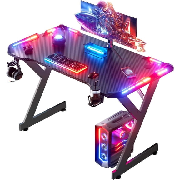 40 Inch Gaming Desk with RGB Lights, Ergonomic Computer Table, Large Desktop, Cup Holder & Headphone Hook, Black