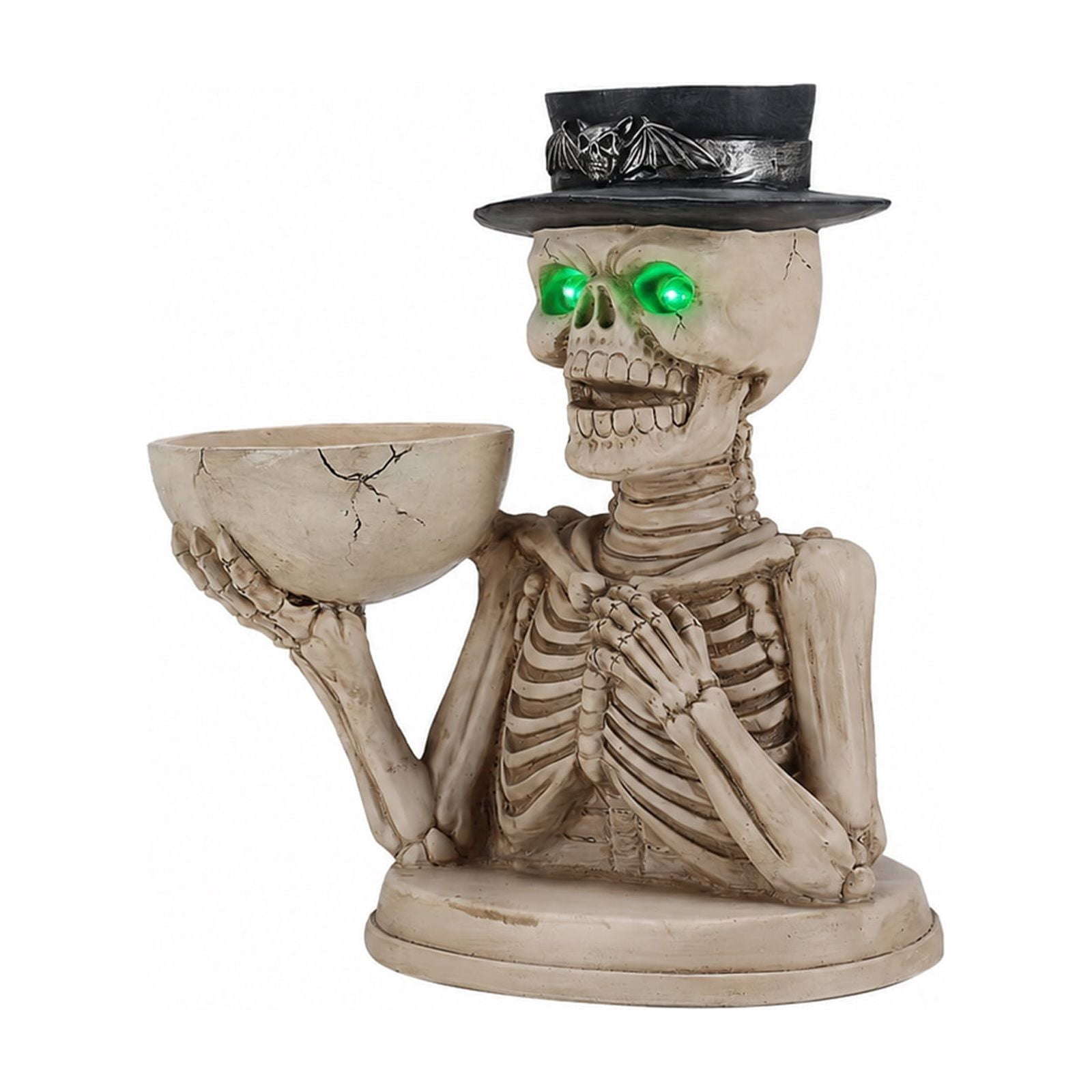 Skeleton Candle Holder with LED Glowing Green Eyes Top Hat Bat Design Resin Halloween Tabletop Decor