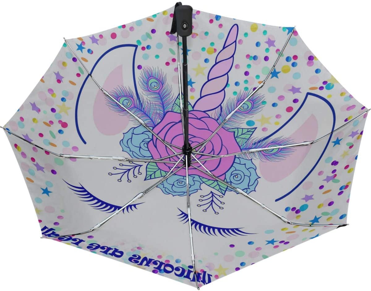 My Daily Unicorn And Flowers Travel Umbrella Auto Open Close UV Protection Windproof Lightweight Umbrella