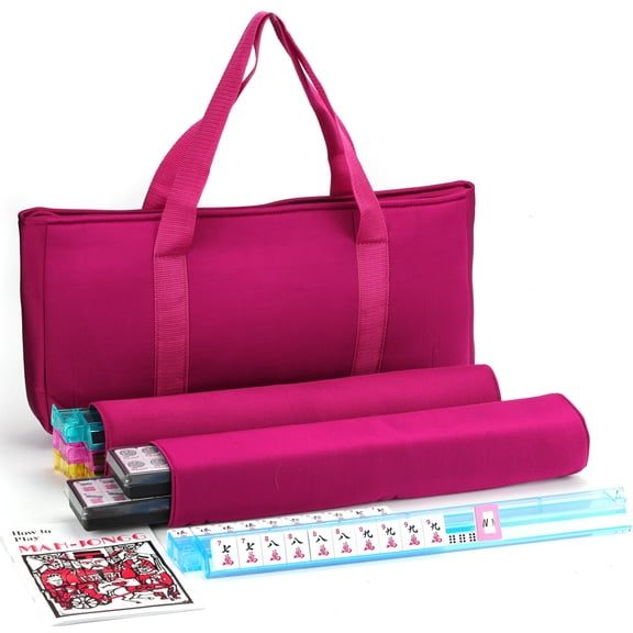American Mahjong Set - Red Burgundy Soft Bag - 166 White Engraved Tiles, 4 All-in-One Rack/Pushers Western Mah Jongg Game Set