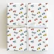 Colorful Cartoon Race Cars and Checkered Flags Gift Wrapping Paper
