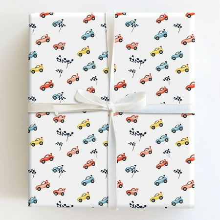 Colorful Cartoon Race Cars and Checkered Flags Gift Wrapping Paper
