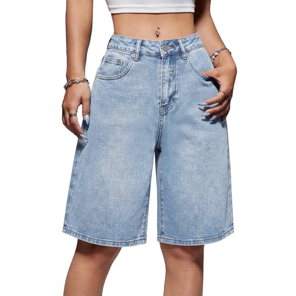 OYYN Womens Jean Shorts Mid-Low Waisted Y2k Bermuda Denim Shorts Summer Casual Streetwear Jorts