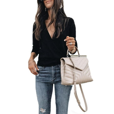 Classic Ribbed Pullover - Womens Cross Over V Neck Long Sleeve Sweater Ribbed Jumpers Pullover Tops Blouse
