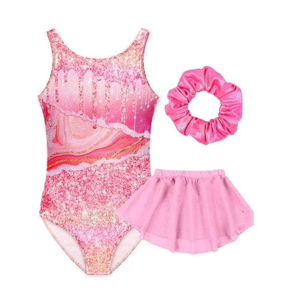 Girls Glitter Gymnastics Leotard,Ballet Dance Dress with Removable Skirt & Hair Scrunchie 4-11 Years Gradient Pink