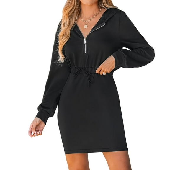 Efsteb Women's Zip Up Hoodies Dress Casual Solid Long Sleeve Pullover Drawstring Waist Tuinc Sweatshirt Mini Dresses (Black,S)