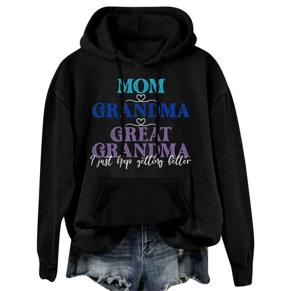 LGASWYX Mom Grandma Great Grandma I Just Keep Women's Letter Print Long Sleeve Hooded Sweatshirt (Black,XXXL)