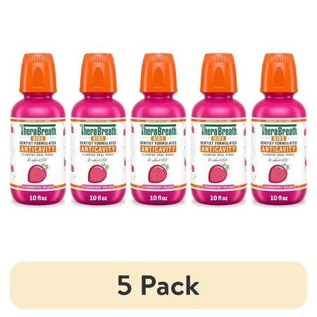 (5 pack) TheraBreath Kids Mouthwash with Fluoride, Organic Strawberry Splash, Anticavity, 10 fl oz