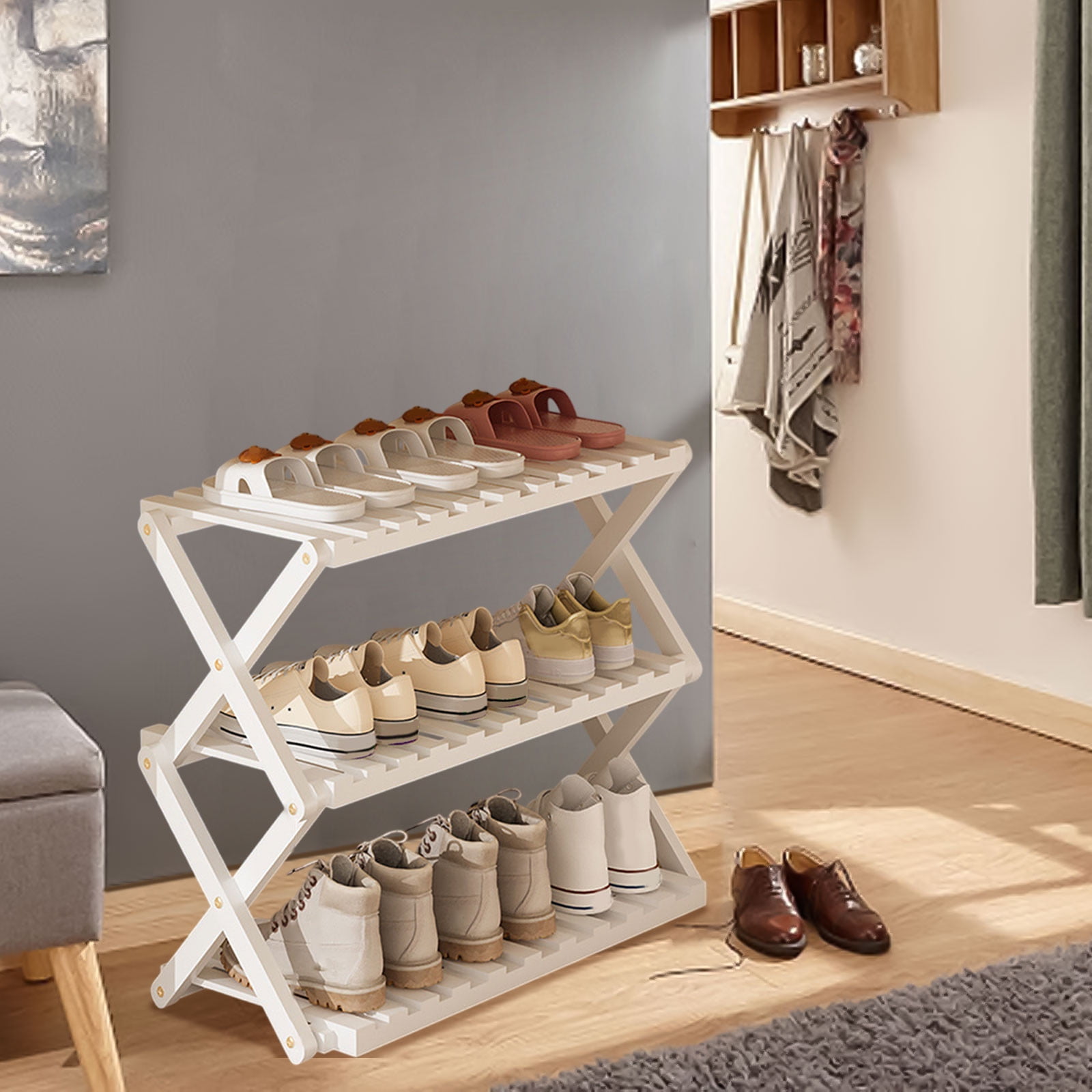DAMAI 3 Tier Bamboo Shoe Rack,Portable Folding Multifunctional Free Standing Shoe Shelf Storage Shoe Storage Rack,Without Installation Small Shoe Rack Perfect for Corridors,Bedrooms and Small Spaces