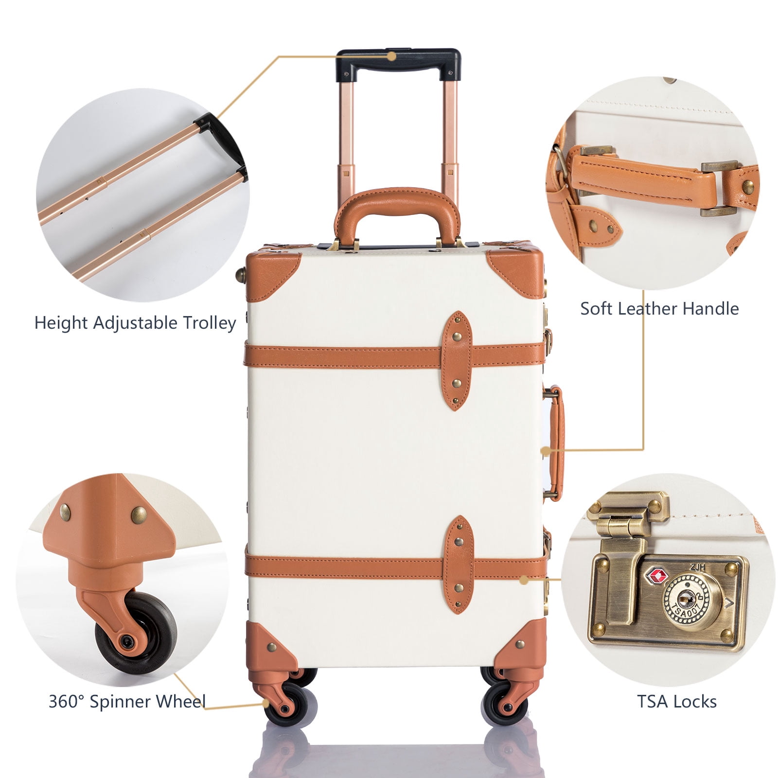 COTRUNKAGE Minimalist 2 Piece Vintage Luggage Sets Travel Carry On Suitcase for Women with Spinner Wheels, Pearl White