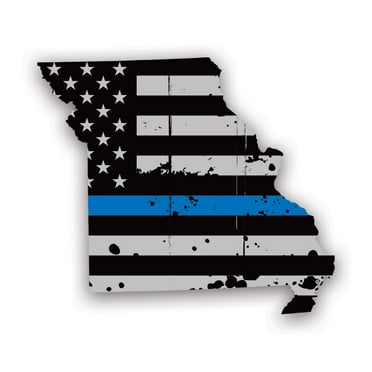 Distressed Missouri State Shaped Subdued US Flag Thin Blue Line Sticker Decal - Self Adhesive Vinyl - Weatherproof - Made in USA - weathered police law enforcement first responder mo