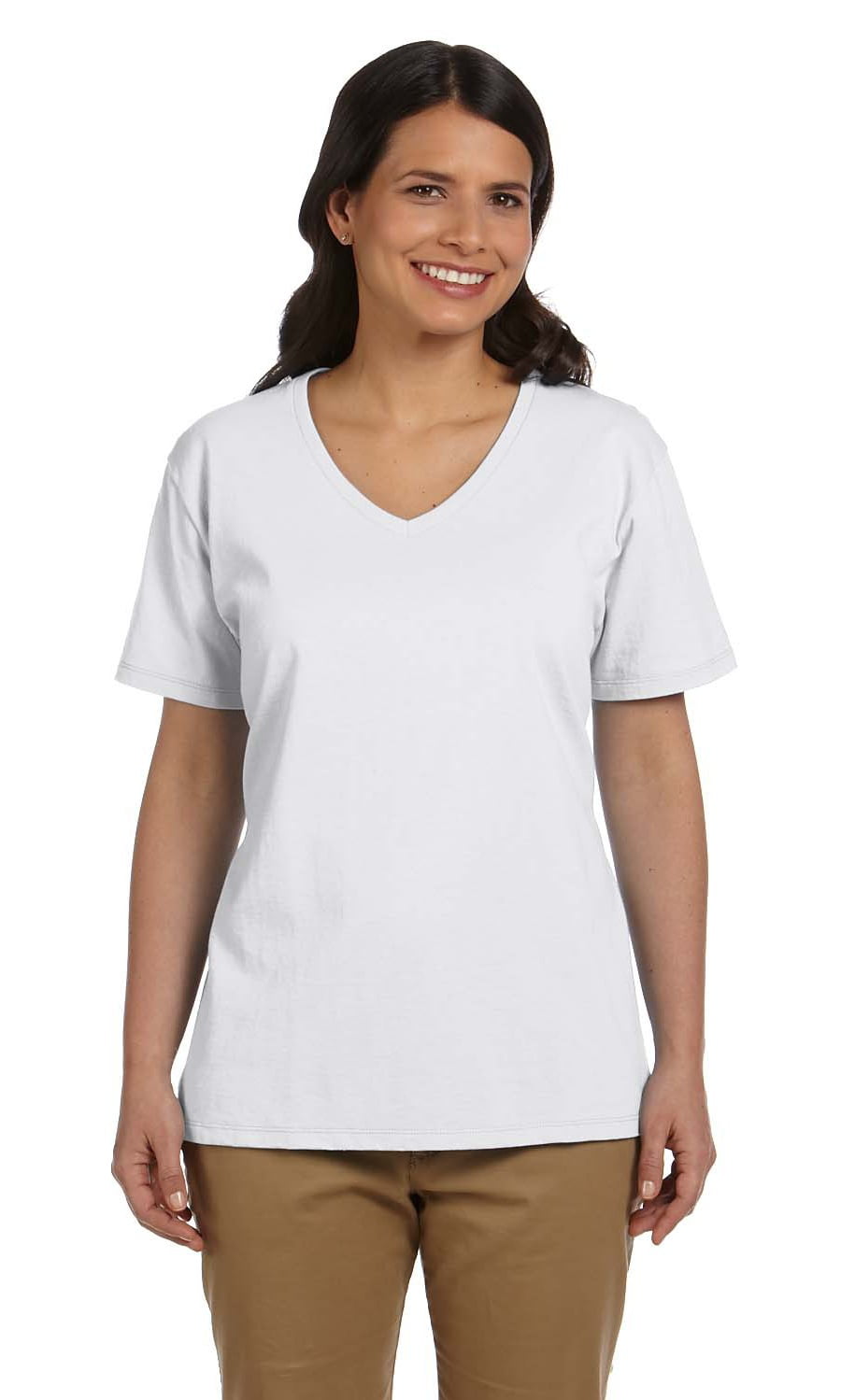 Hanes - The Hanes Ladies 61 oz Tagless V-Neck T-Shirt - WHITE - S ...