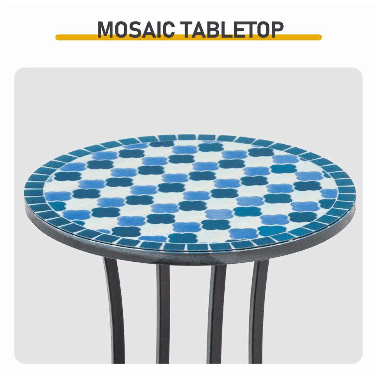 14 inch Side Table, Round Iron Top End Table, Indoor Outdoor Accent Table, Blue & White Checkered Mosaic
