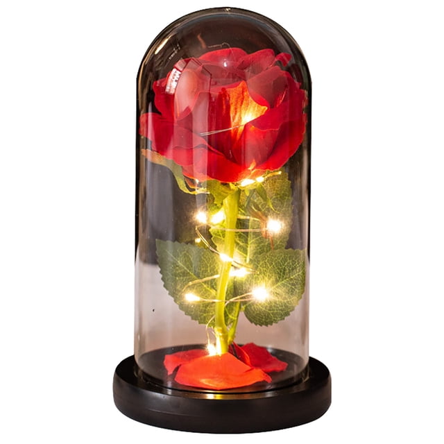 Coofit Valentine Rose Dome Realistic - LED Festive Light up Rose Flower in Glass Dome