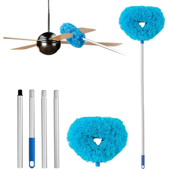 Meilimei Ceiling Fan Cleaner Duster with 13-49.7 Inch Telescopic Pole, 2 Pack Washable Microfiber Heads, Adjustable Extension Handle for High Ceiling Fans, Blinds, Windows -Blue