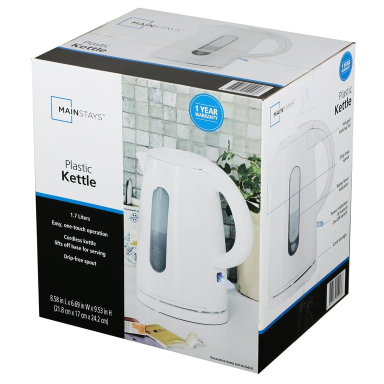 Mainstays 1.7 Liter Plastic Kettle Cordless One Touch Operation ~ White ~  READ!