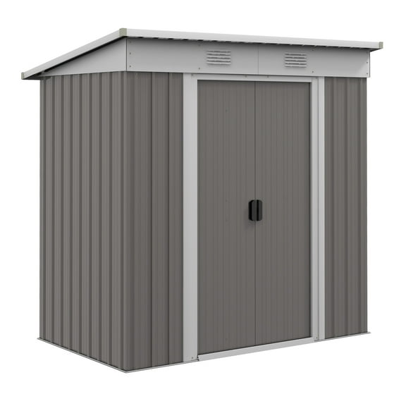 6' x 4' Metal Lean to Garden Shed, Outdoor Storage Shed, Garden Tool House with Double Sliding Doors, 2 for Backyard, Patio, Lawn, Gray