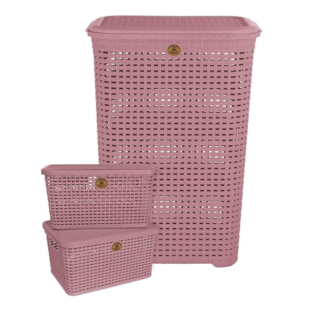 Cesto para ropa y cajas organizadoras La Ardilla Rattan con Tapa Rosa