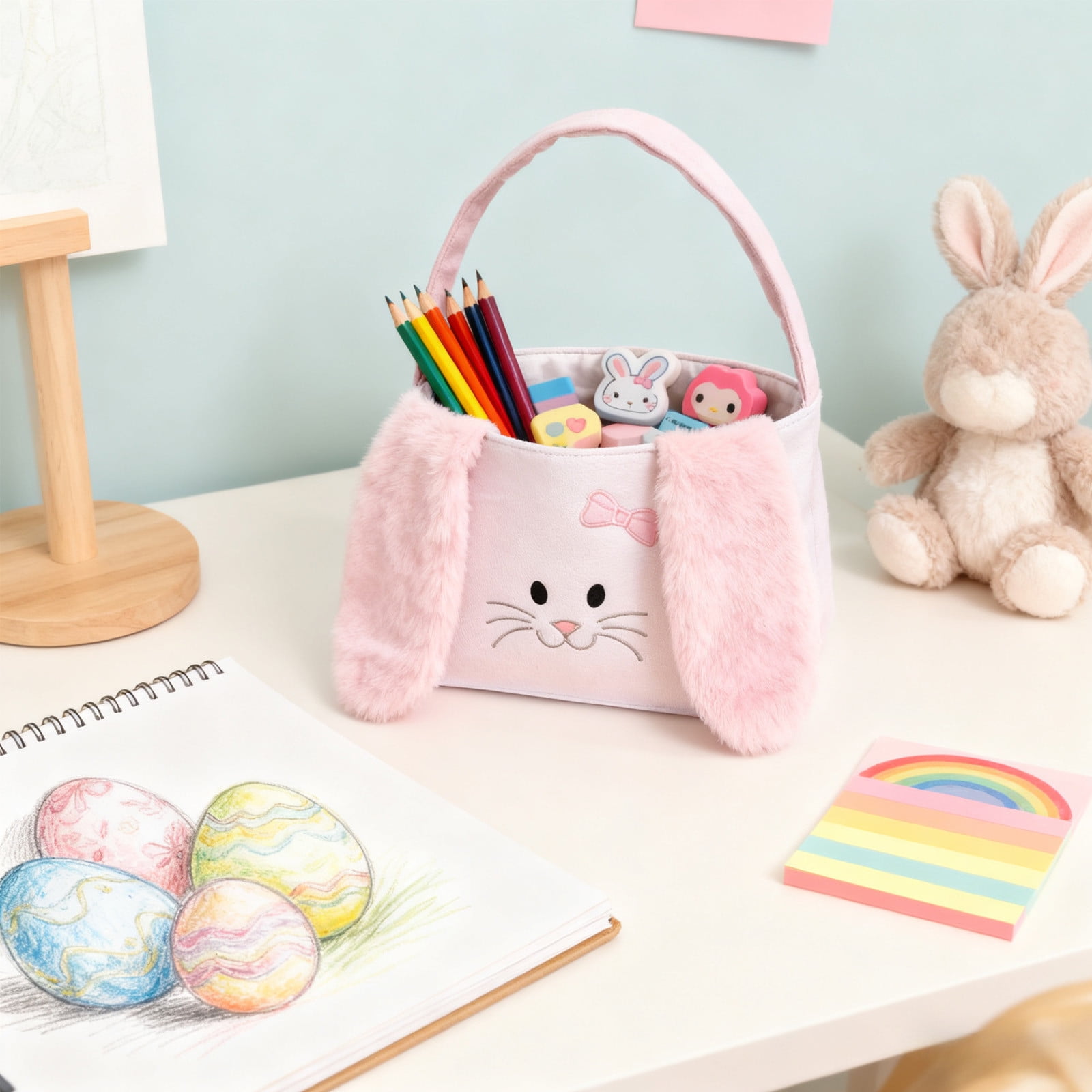 ToyKingdee Easter Basket Easter Bunny Basket, Cute Fluffy Bag with Foldable Ears, Plush Rabbit Tote Bags for Easter Egg Hunts Decorations Candy Gifts Storage