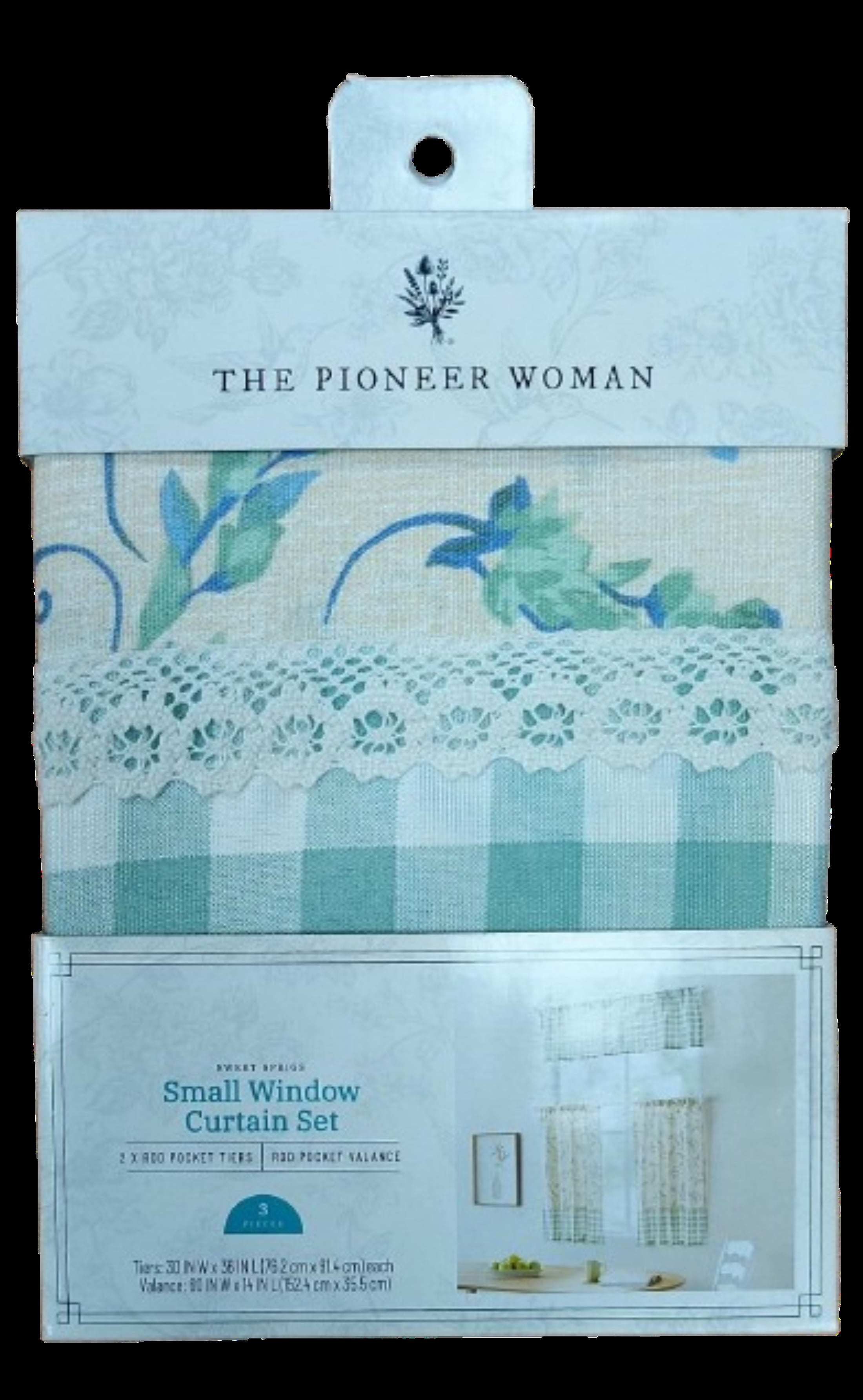 The Pioneer Woman Sweet Sprigs 3 Piece Tier Set, Sage, Recycled Polyester BCI Cotton, 60"W x 14"L, Indoor Curtain, Adult
