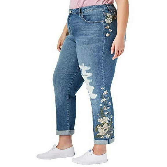 Style & Co. Embroidered Distressed Boyfriend Ankle Jeans Womens 14W Blue $65