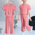 thumbnail image 2 of Loopsun Girls Short Sleeve Round Neck Shirts Crop Top and Flare Pants Soft Casual Summer Outfit Pink, 5-6 Years, 2 of 5