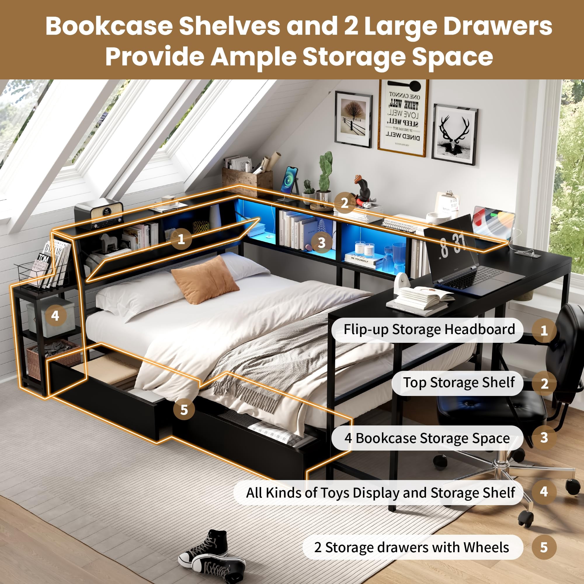 Miniyam Twin Size Daybed with LED Lights, Desk, Charging Station, Storage Drawers, Shelves and Flip-Up Headboard for Teens, Black
