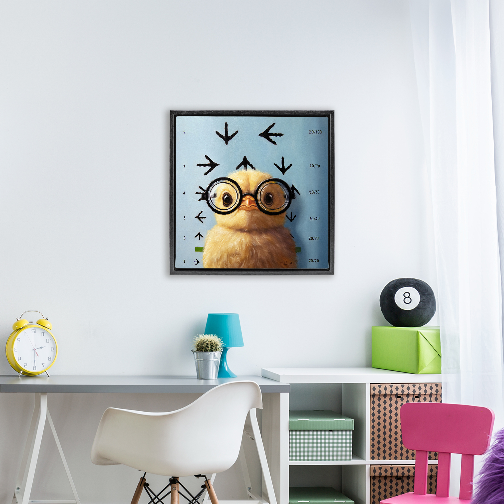 Four Eyes Chick Vision Black Framed Floater Canvas Wall Art, design by Lucia Heffernan