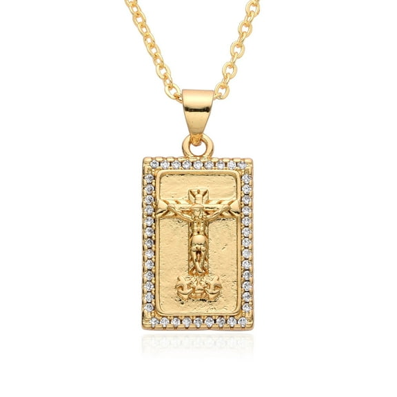 Holy Religious Style Jesus Virgin Mary Charm Geometry Pendant,14K Yellow Gold Inlaid Cubic Zirconia Jewelry Necklace